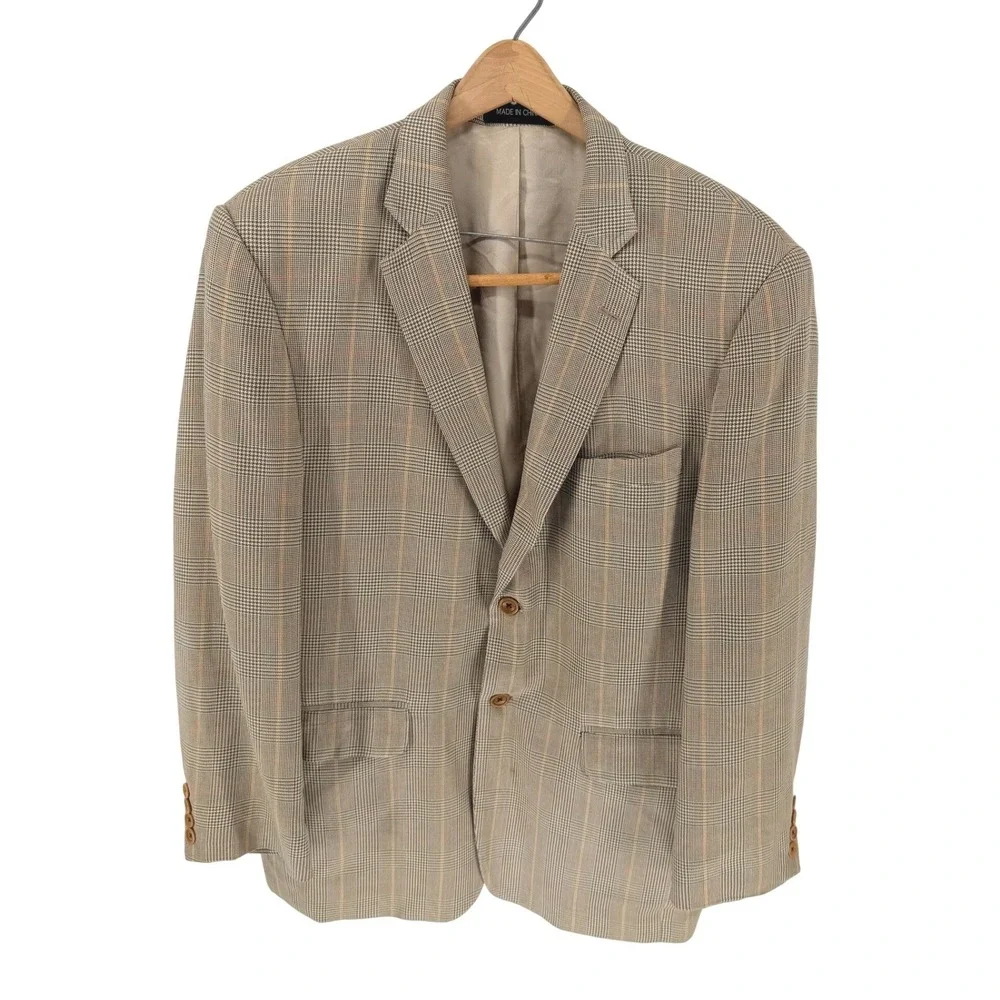 M Julian Mens 100% Silk Blazer 40R Olive Plaid Sport Coat 2 Button Jacket